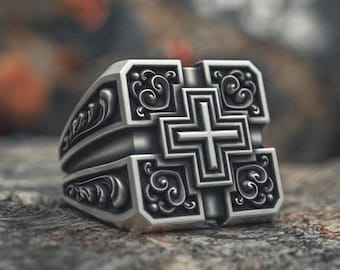 Korsring 925 sterlingsilver bysantinsk ortodox fyrkantig design handgjord religiös symbol herrsmycken oxiderad signetring