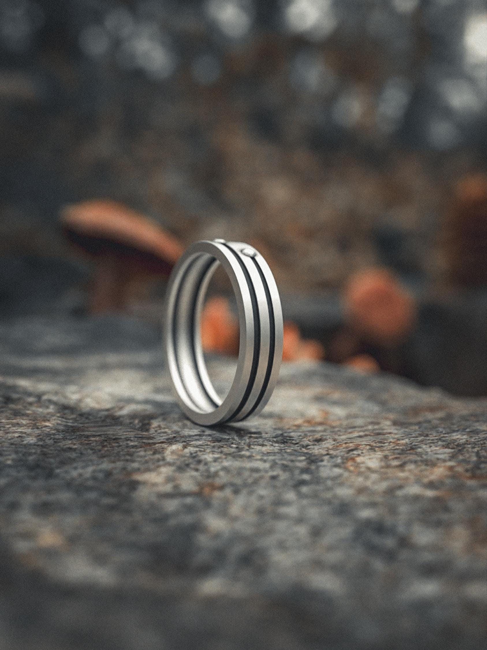 Sterling Silver Black Inlay Ring | 925 Silver Wedding Band | Minimalist Two Line Mens Ring | Women's Engagement Band