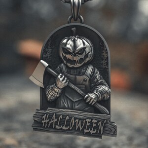 Halloween Pumpkin Pendant 925 Sterling Silver | Spooky Jack O Lantern Necklace with Axe | Gothic Horror Jewelry | Men&#39;s Silver Pendant Gift