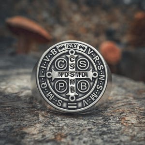St Benedict Ring Sterling Silver 925 - Catholic Protection Medal Ring - Religious Signet Ring for Spiritual Protection and Faith