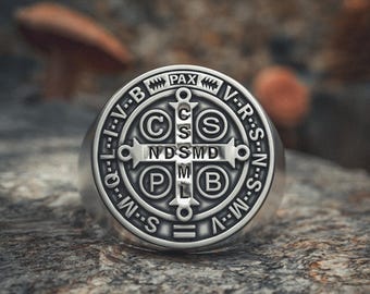 St Benedict Ring Sterling Silver 925 - Catholic Protection Medal Ring - Religious Signet Ring for Spiritual Protection and Faith