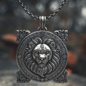 Lion Head Medallion Necklace 925 Sterling Silver - Square Ornate Victorian Style Leo Zodiac Pendant - Handcrafted Statement Jewelry