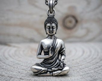 Buddha Necklace 925 Sterling Silver Meditation Pendant Zen Buddhist Jewelry Handcrafted Spiritual Symbol Mindfulness Gift for Him