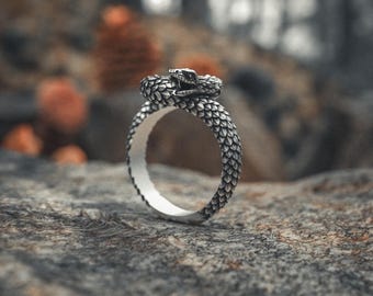 Snake Ring 925 Sterling Silver | Detailed Dragon Serpent Band | Handcrafted Silver Snake Jewelry | Unique Gothic Statement Ring