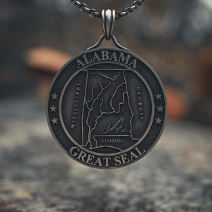 Alabama State Map Necklace 925 Sterling Silver - Handcrafted Southern States Pendant with Great Seal Design