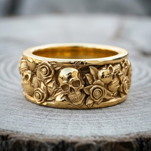 Calavera-Totenkopf-Rosenring aus 925er Sterlingsilber, vergoldetes gotisches Blumenband
