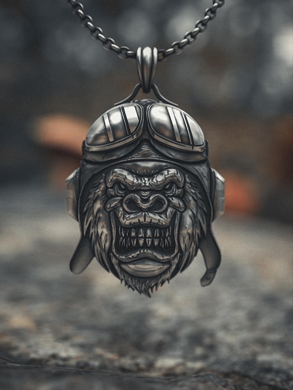925 Sterling Silver Pilot Gorilla Necklace - Aviator Ape Pendant 