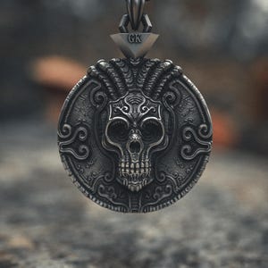 Tribal Skull Pendant 925 Sterling Silver | Ornate Gothic Medallion Necklace | Aztec Style Death Head Charm | Mens Biker Jewelry with GK