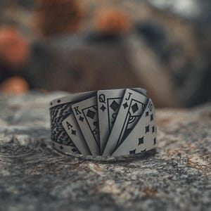 Poker Cards Silver Ring | 925 Sterling Silver Casino Inspired Mens Ring | Gambler's Lucky Charm Jewelry