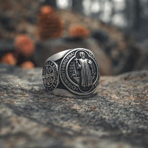 St Benedict Medal Ring 925 Sterling Silver | Men&#39;s Catholic Saint Protection Ring | Religious Jewelry | Christian Faith Gift