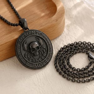 Cancer Skull Medallion Necklace, Black Rhodium Plated Pendant, Zodiac Cancer Jewelry, Dark 925 Silver, Gothic Memento Mori, Astrology Gift