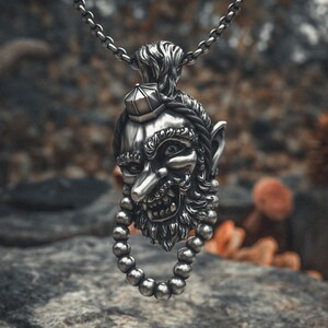Demon Mask Necklace 925 Sterling Silver Oni Pendant Japanese Folklore Jewelry Handcrafted Mythical Creature Samurai Warrior Gift