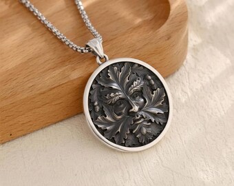 Green Man Pendant Necklace, Oxidized Sterling Silver Nature God Medallion, Traditional Celtic Gift