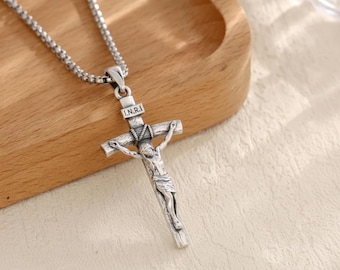 Sterling Silver Crucifix Pendant Necklace, Detailed Jesus Cross Charm, Classic Religious Jewelry for Men Women