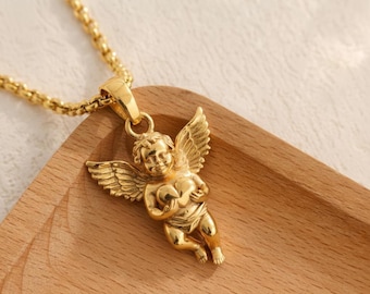 Gold Cherub Angel Necklace | 14K Vermeil Cupid Pendant | Luxury Angel Heart Jewelry | Gold Love Necklace | 925 Silver | Valentine Gift