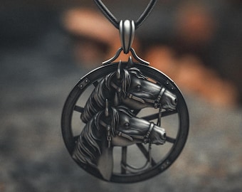Horse Pendant Necklace 925 Sterling Silver - Handcrafted Double Horse Head Medallion Pendant - Equestrian Jewelry Gift for Horse Lovers