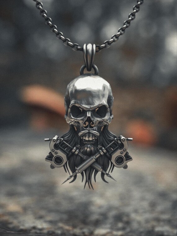 Bearded Skull Pendant 925 Sterling Silver | Tattoo Machine Gothic 