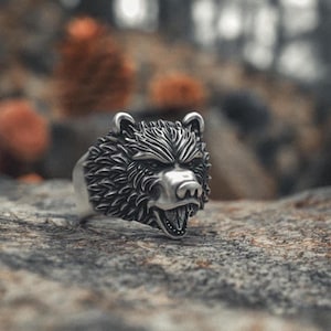Bear Ring 925 Sterling Silver Wildlife Design, Handcrafted Grizzly Head Statement Ring with Detailed Fur Texture, Forest Guardian Gift