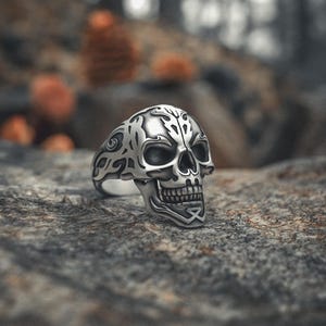 Flame Skull 925 Sterling Silver Ring | Handcrafted Tribal Etched Design | Unisex Biker Jewelry | Symbol of Strength