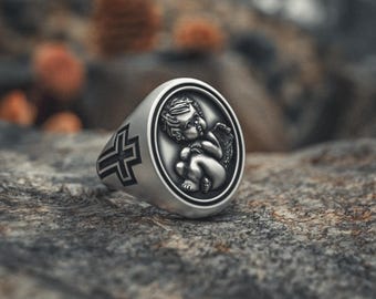 Baby Angel Ring 925 Sterling Silver Cherub Jewelry Handcrafted Unisex Guardian Angel Protection Symbol Spiritual Gift for Christening