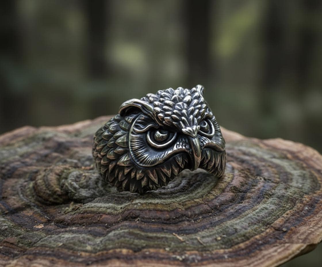 Owl Head Ring 925 Sterling Silver Oxidized Finish Animal Jewelry Bird Totem Statement Band Unisex