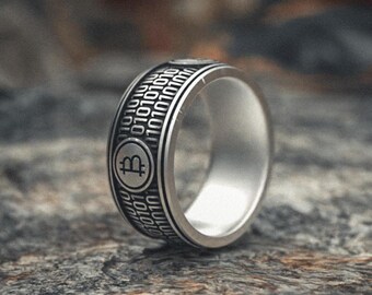 Bitcoin Ring 925 Sterling Silver, Handcrafted Digital Currency Band, Cryptocurrency Binary Code Jewelry, Unique Tech Gift for Men Women
