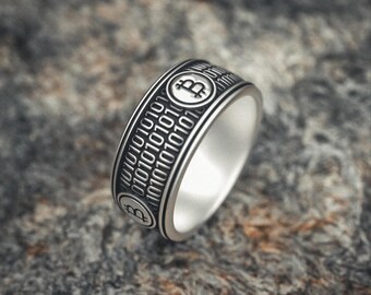 Bitcoin Ring Sterling Silver 925 - Cryptocurrency Band Ring with Oxidized Pattern - Mens Crypto Jewelry Gift