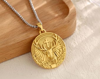 14K Gold Vermeil Saint Hubert Stag Pendant, Luxurious Deer Cross Medallion, Premium Religious Gift