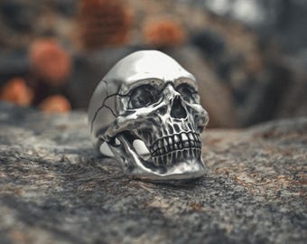 Skull Ring 925 Sterling Silver - Handcrafted Anatomical Human Skull Gothic Jewelry - Men's Biker Statement Ring - Alternative Fashion Gift
