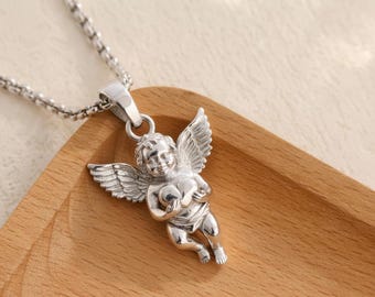 Cherub Angel Necklace | Sterling Silver Heart Pendant | Polished Cupid Jewelry | 925 Silver Angel | Love Gift | Guardian Angel