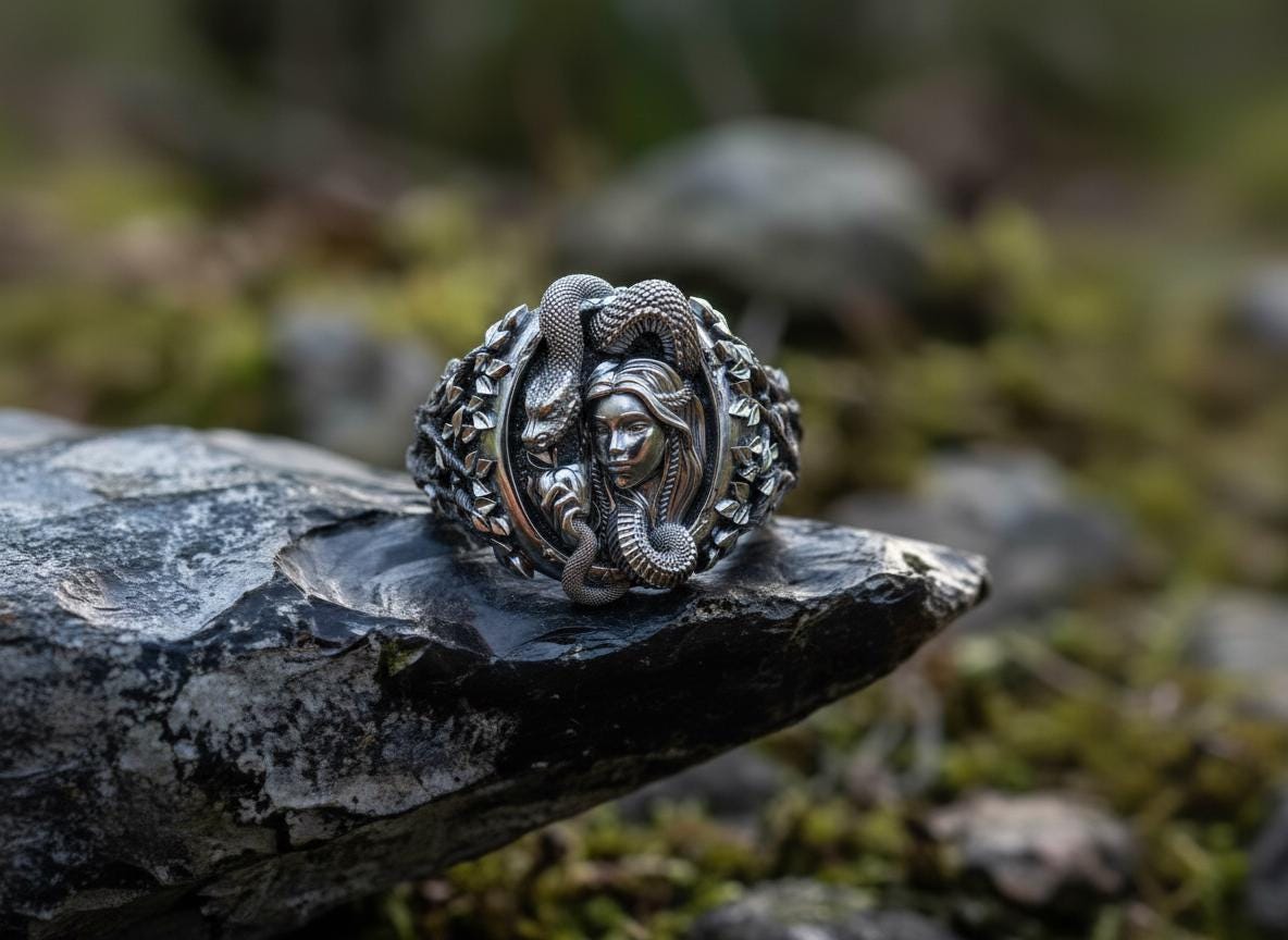 Eve and Serpent Ring 925 Sterling Silver 14K Gold Vermeil Biblical 