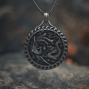 Dragon Phoenix Necklace 925 Silver Yin Yang Pendant, Handcrafted Asian Mythical Jewelry Unique Gift for Men & Women, Symbol of Balance