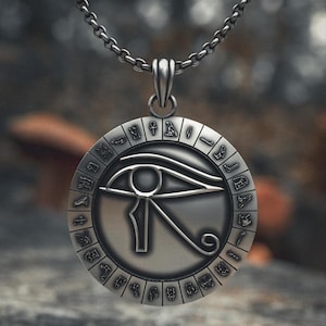 Eye of Horus Pendant 925 Sterling Silver | Egyptian Protection Amulet with Hieroglyphics | Ancient Wadjet Symbol