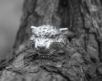 Jaguar Head Ring 925 Sterling Silver Oxidized Finish Big Cat Totem Snarling Panther Biker Jewelry Wild Animal Statement Gift