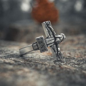 Cross Ring 925 Sterling Silver Religious Crucifix Ring Christian Faith Jewelry Handcrafted Spiritual Band Catholic Gift for Him Her