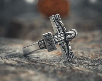 Cross Ring 925 Sterling Silver Religious Crucifix Ring Christian Faith Jewelry Handcrafted Spiritual Band Catholic Gift for Him Her