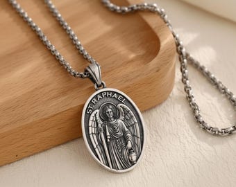 St Raphael Necklace | Archangel Raphael Pendant | Religious Medallion | 925 Sterling Silver | Catholic Jewelry | Guardian Angel Necklace
