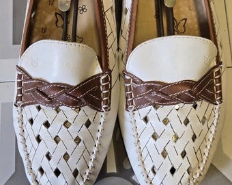 White and Brown Woven Leather Women's summer Loafers