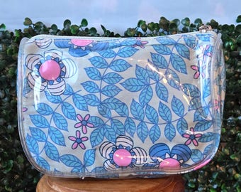 Vintage Floral Patterned Cosmetic Case Blue and Pink Flowers