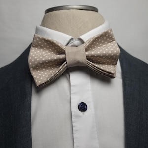 Men's Bow Tie Reversible Bow Tie Beige Dots Wedding Baptism Groom Handmade