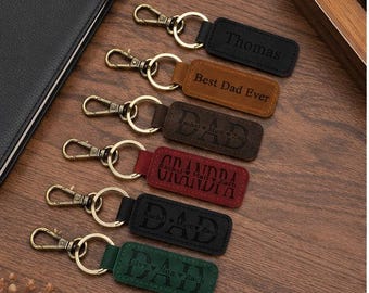 Personalized Grandpa Keychain With Grandkids Names, Papa Keychain, Engraved Leather Keychain, Father’s Day Gift for Grandpa