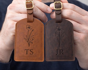 Étiquette à bagage en cuir personnalisée avec fleur pour le mois de naissance - Cadeau de voyage personnalisé, articles de mariage