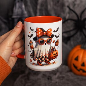 Halloween Ghost Mug, Cute Spooky Season Coffee Cup with Pumpkin and Bow, Fall Halloween Gift