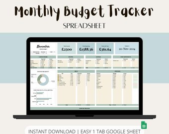 Planificador de presupuesto mensual / Hoja de cálculo de presupuesto de Google / Plantilla de presupuesto simple / Hoja de planificación financiera / Seguimiento de gastos / 1 pestaña