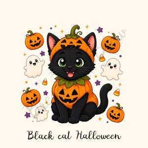 Può includere: Un gatto nero che indossa un costume da zucca con un colletto verde, circondato da piccole zucche arancioni, fantasmi bianchi, stelle viola e caramelle. Il testo "Black cat Halloween" è stampato in nero nella parte inferiore dell'immagine.