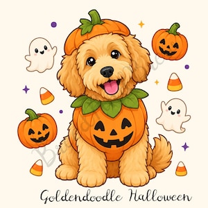 Può includere: Un cane Goldendoodle color oro che indossa un costume da zucca con cappello abbinato, circondato da due zucche di Halloween, due piccoli fantasmi bianchi e quattro caramelle a forma di mais, con il testo Goldendoodle Halloween in basso.
