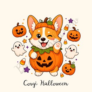 Può includere: Un'illustrazione a cartoni animati di un Corgi che indossa un costume da zucca con cappello abbinato, circondato da tre zucche di Halloween, due piccoli fantasmi bianchi, caramelle a forma di mais e stelle viola. Testo Corgi Halloween.