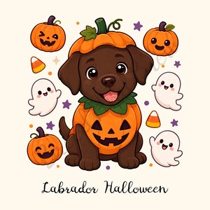 Imagem PNG para sublimação de um Labrador Chocolate para o Halloween, com um design fofo de abóbora para canecas, camisetas e outros itens. Ideal para baixar e usar em copos e camisetas. Perfeito para presentear mães de labradores.