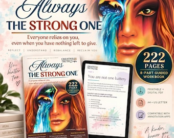 Può includere: Un quaderno di esercizi guidato di 222 pagine intitolato Always The Strong One, con un tablet digitale che mostra il testo interno, inclusa la citazione You are not one battery. La copertina raffigura un volto stilizzato con elementi d'acqua blu.