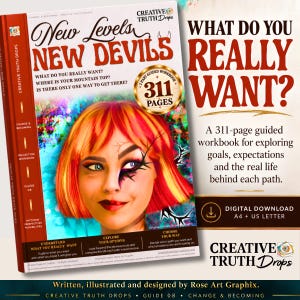 Puede incluir: Un libro de ejercicios guiado de 311 páginas titulado New Levels New Devils con una colorida ilustración de una persona con cabello naranja brillante y maquillaje de ojos estilizado. La portada incluye el texto What Do You Really Want.